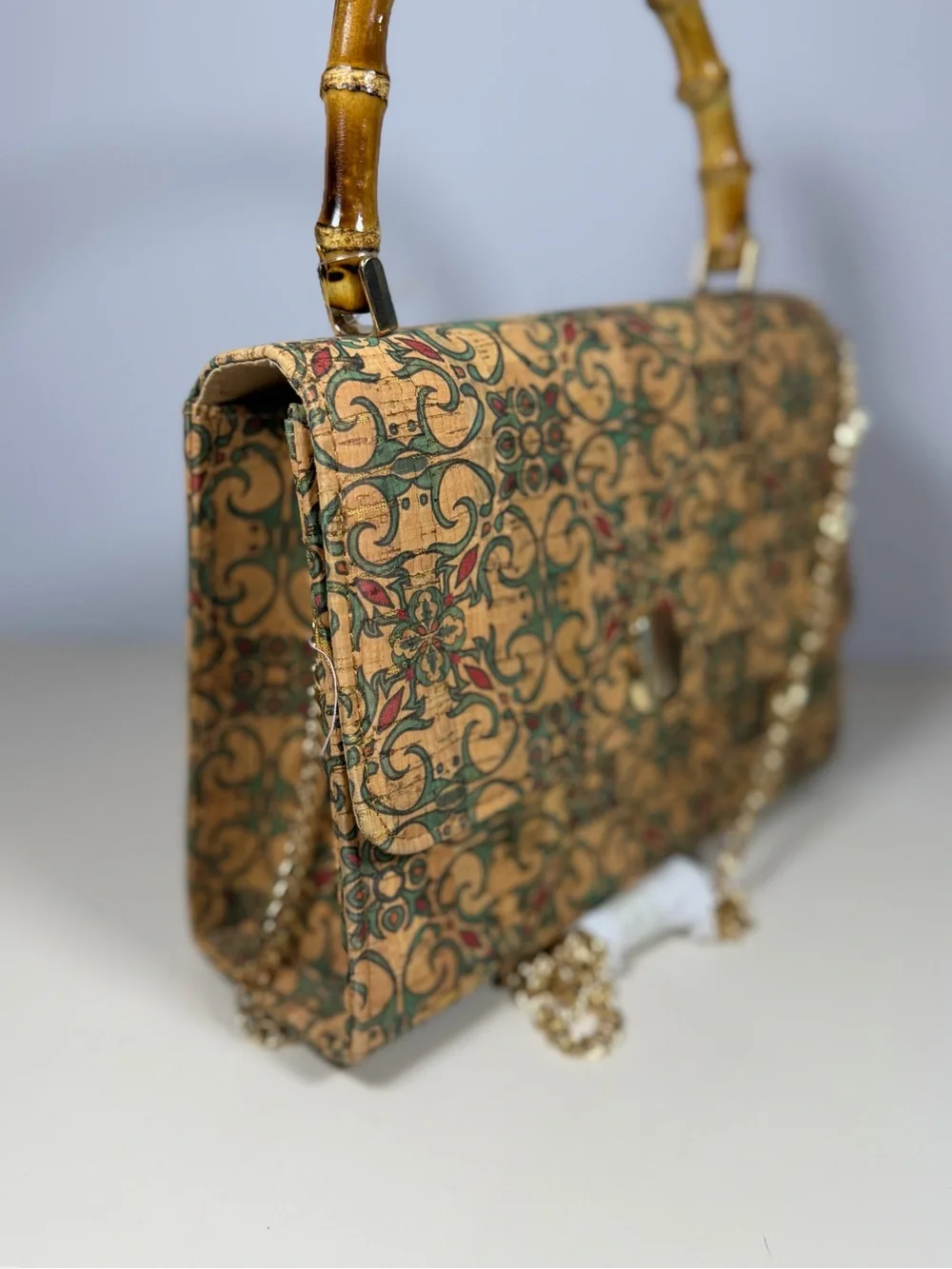 Unk Beige Patterned Bamboo-Handle Crossbody Bag with Gold Chain